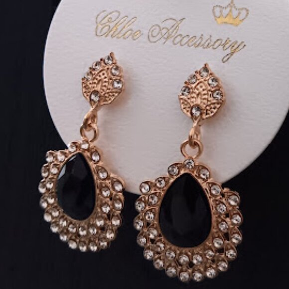CHLOE ACCESSORY Glamorous Gold Black & Clear Crystal Pear Shaped Drop Earrings - Picture 3 of 3